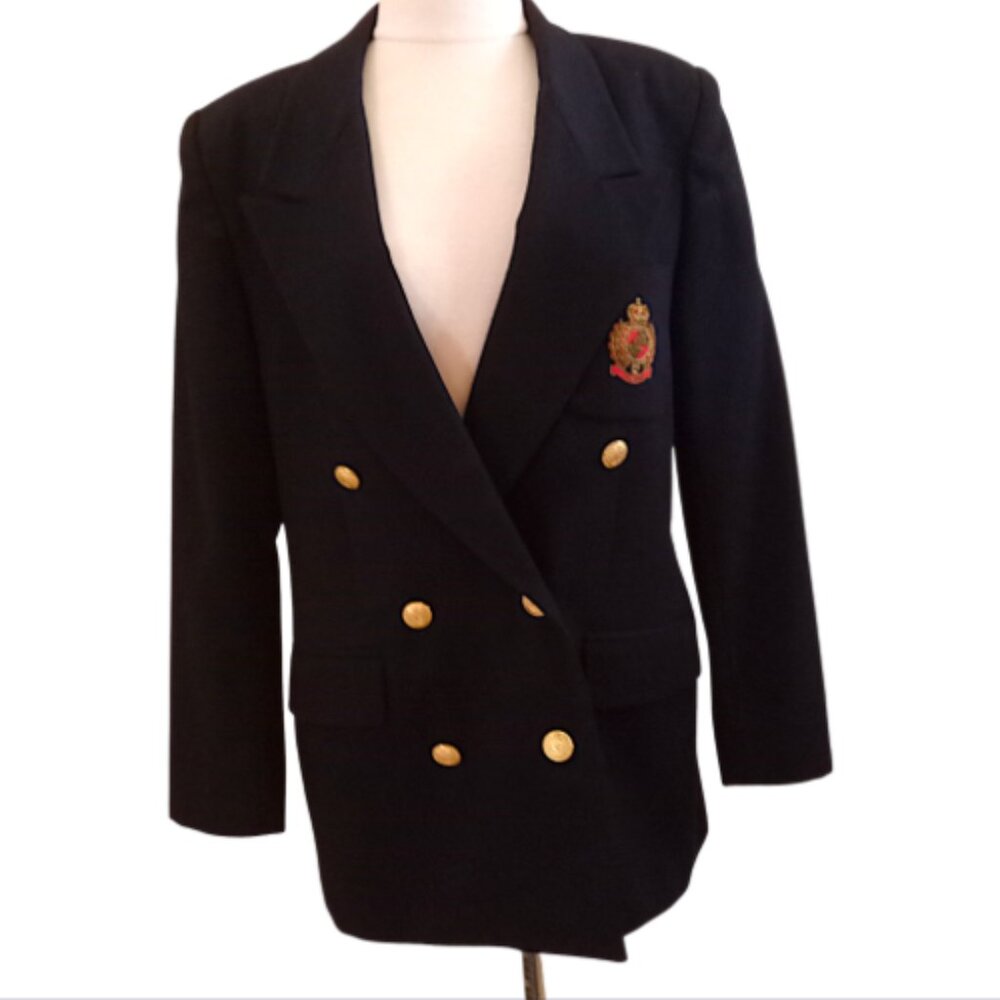 Charter Club Vintage Navy Blue 100% Wool Double Breasted Preppy Crest Blazer 8